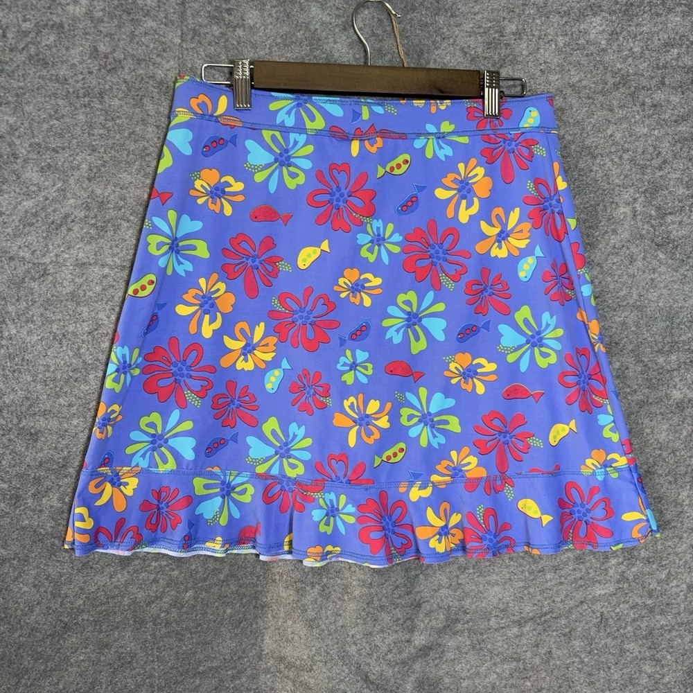 Fresh Produce Splash Skirt Womens Sz L Blue Floral Ruffle Unlined Stretch